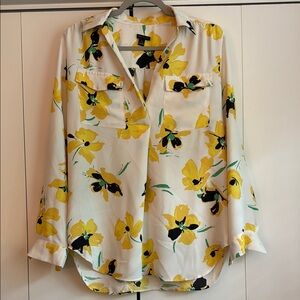 Ann Taylor White and Yellow Buttoned Blouse with Notched Collar, small